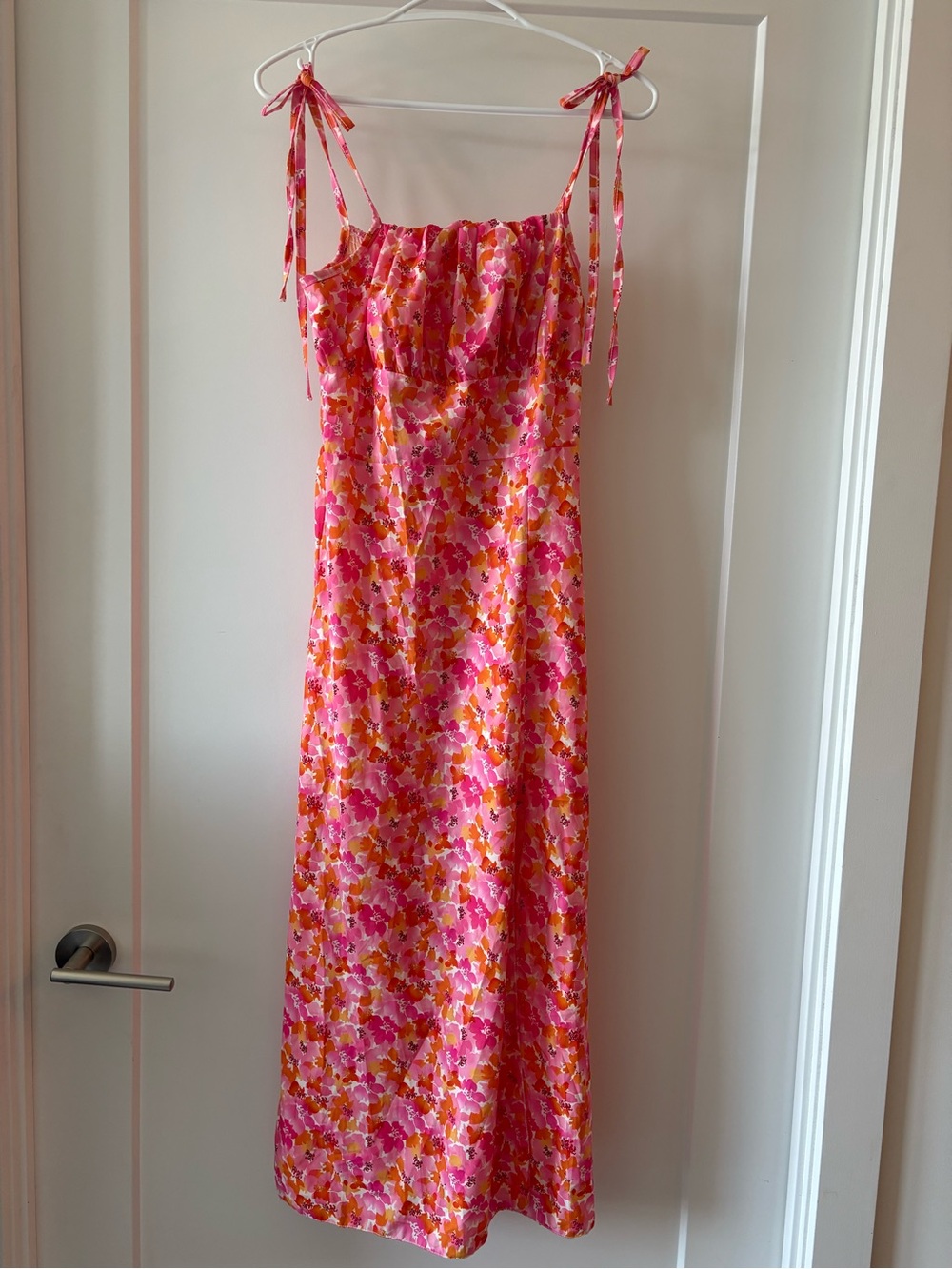 Midi Tie-Shoulder Floral Dress in Pink & Orange